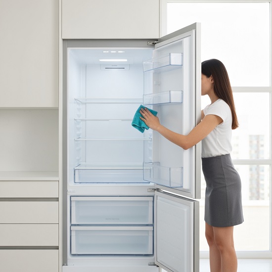 Человек начищает насухо внутренности размороженного холодильника микрофибровой тряпкой в светлой кухне.